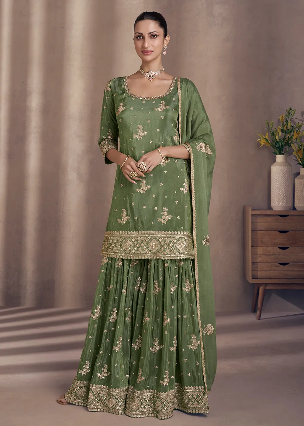 Moss Green Embroidered Chinnon Silk Designer Sharara Suit