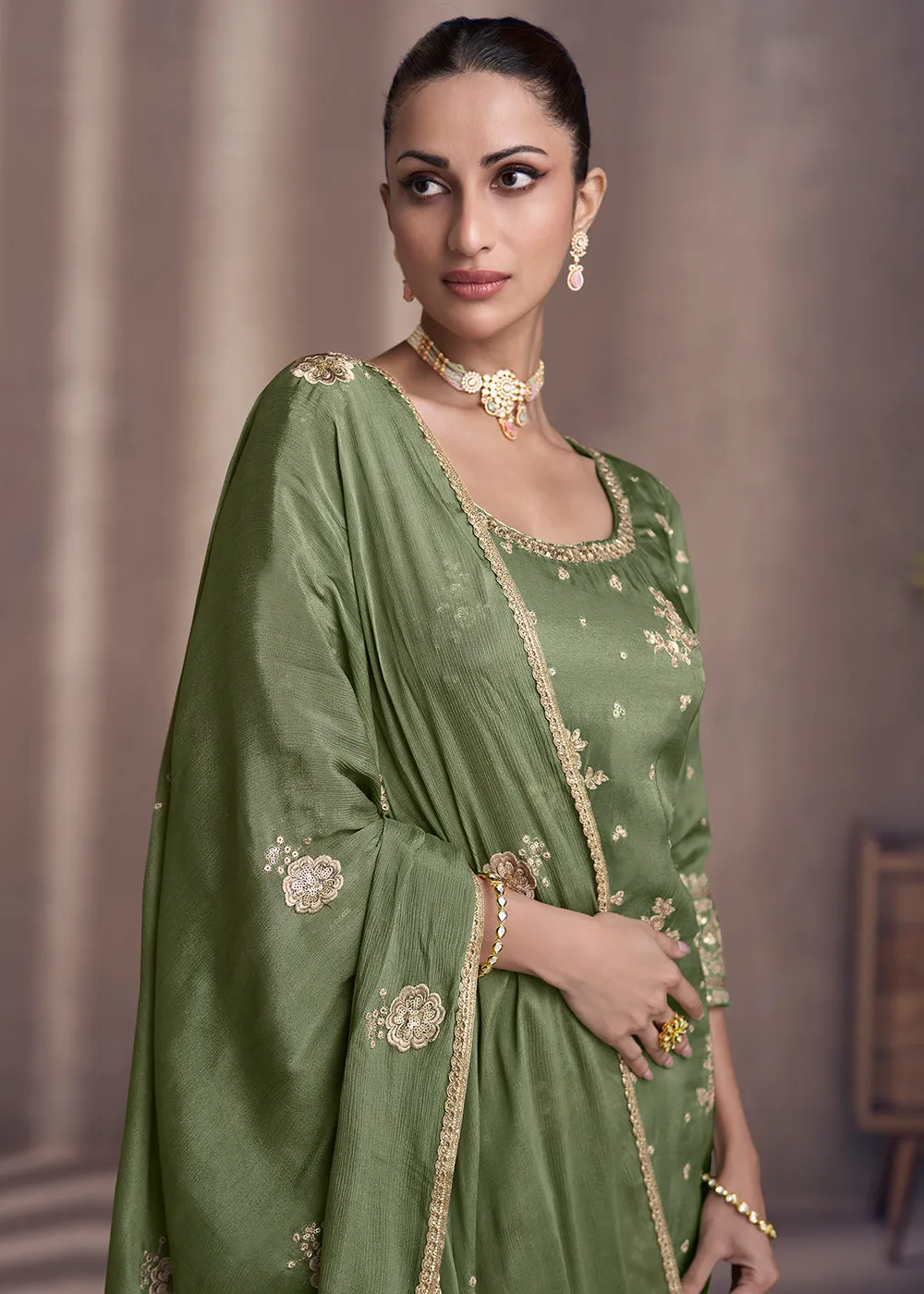 Moss Green Embroidered Chinnon Silk Designer Sharara Suit