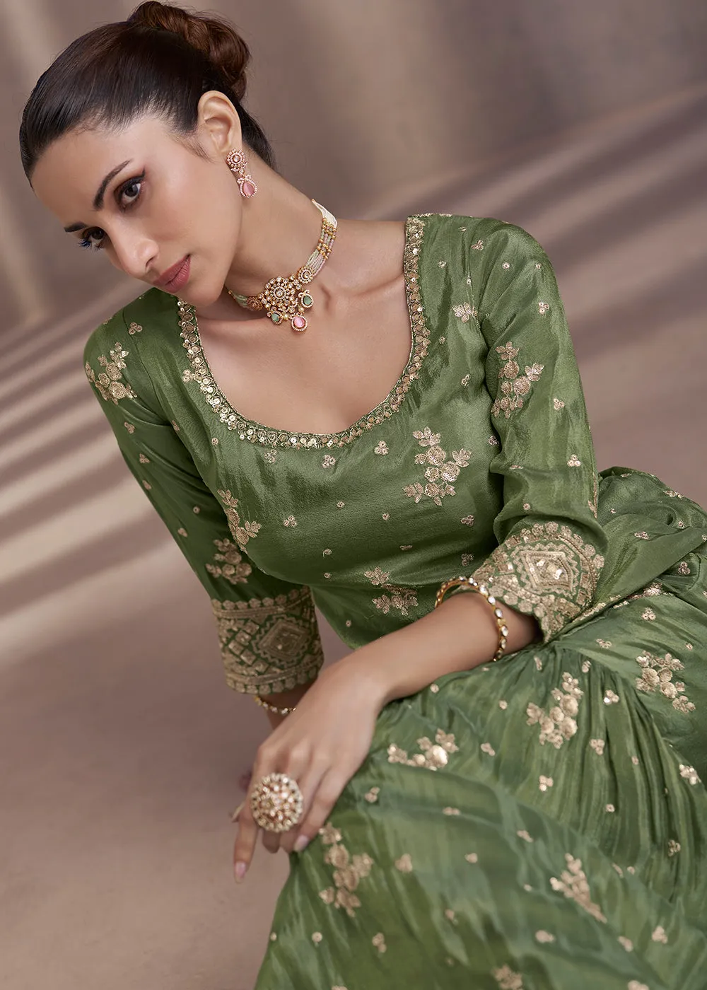 Moss Green Embroidered Chinnon Silk Designer Sharara Suit