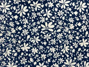 Navy White Floral - Printed Peachskin Fabric