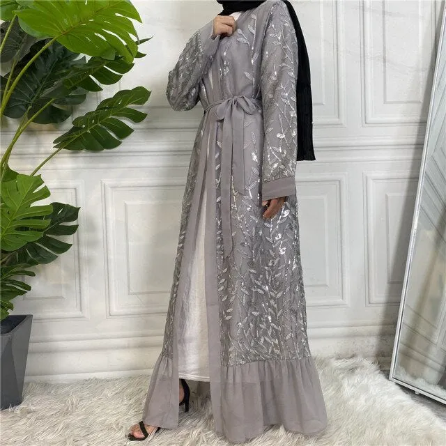 New Gold-Silver Leaf Open Abaya Embroidery Abaya