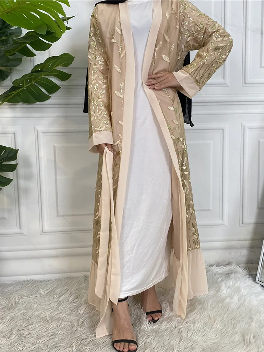 New Gold-Silver Leaf Open Abaya Embroidery Abaya