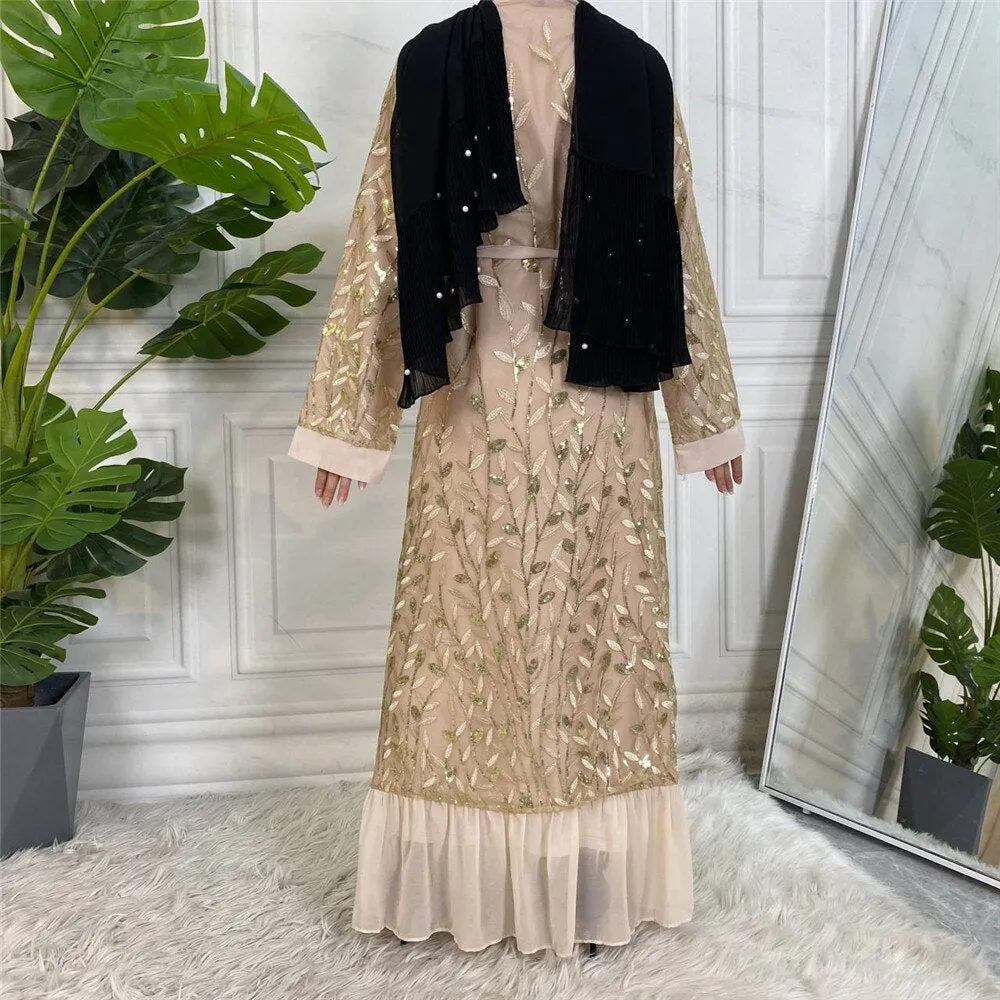 New Gold-Silver Leaf Open Abaya Embroidery Abaya