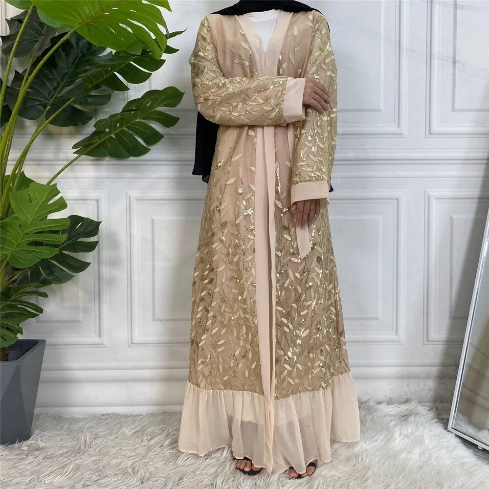 New Gold-Silver Leaf Open Abaya Embroidery Abaya