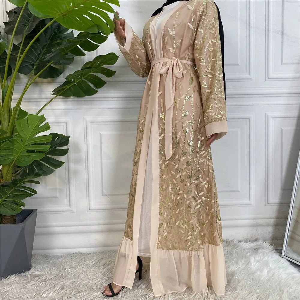 New Gold-Silver Leaf Open Abaya Embroidery Abaya