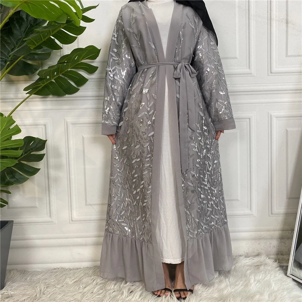 New Gold-Silver Leaf Open Abaya Embroidery Abaya