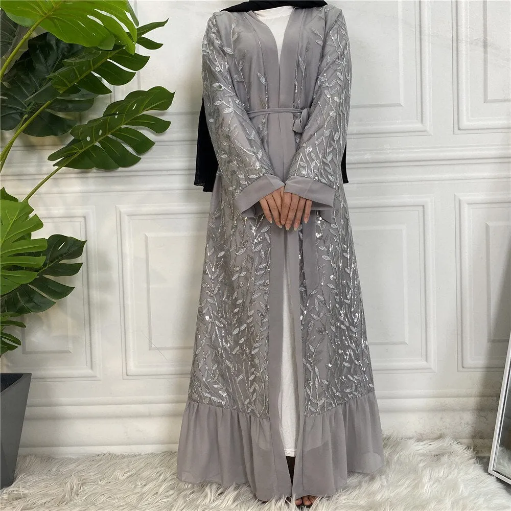 New Gold-Silver Leaf Open Abaya Embroidery Abaya