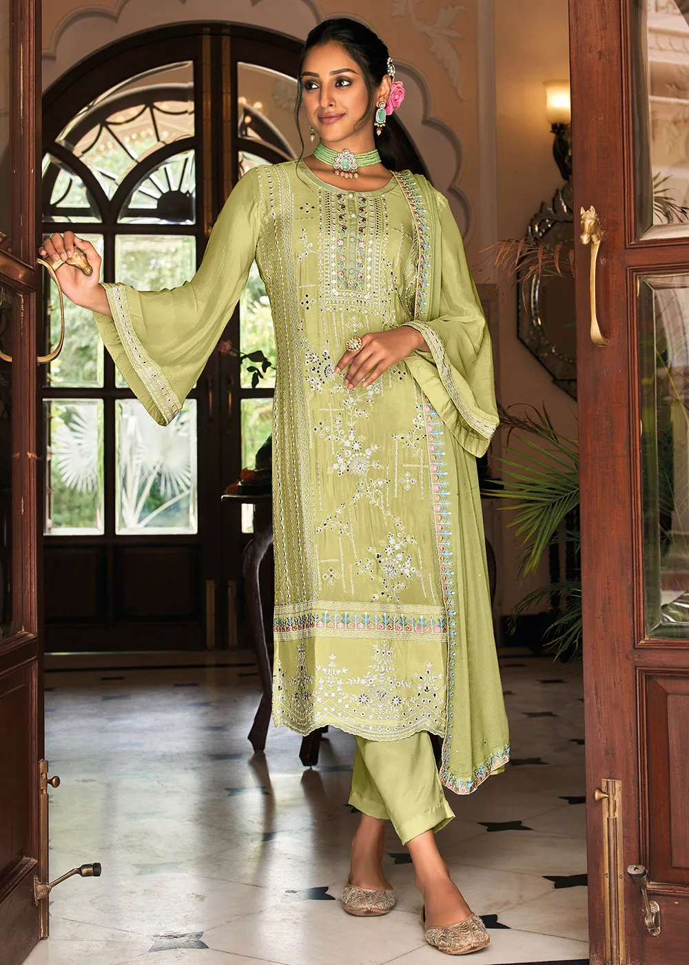 Pakistani Style Delicate Green Function Wear Salwar Suit