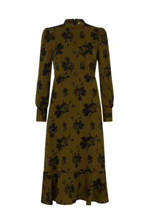 Scarlett High Neck Floral Print Midi Dress in Khaki