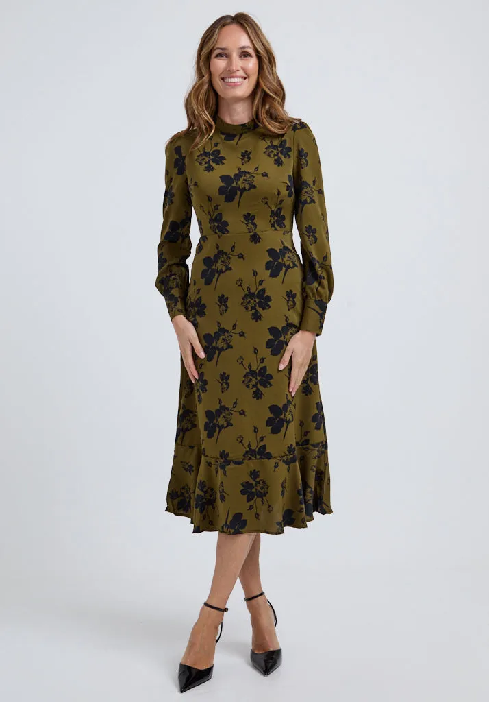 Scarlett High Neck Floral Print Midi Dress in Khaki