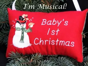 Snowman with Birds Music Box Pillow -- Personalized Embroidered MUSICAL Baby Keepsake -- Baby's First Christmas