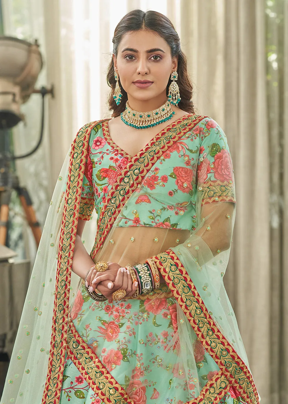 Spectacular Mint Green Art Silk Floral Printed Lehenga Choli