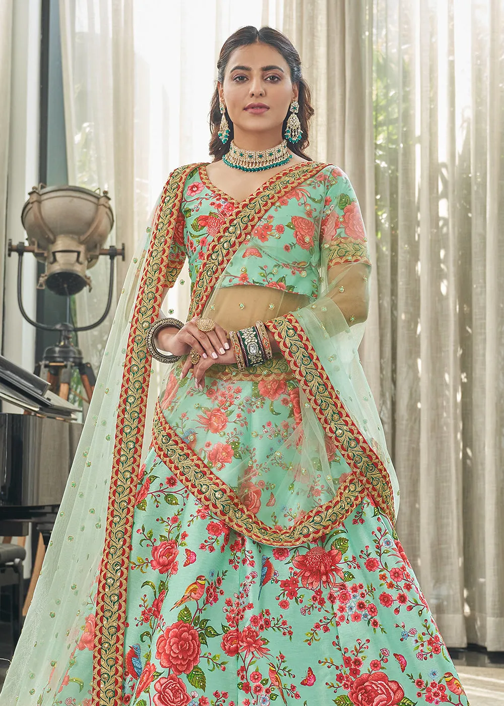 Spectacular Mint Green Art Silk Floral Printed Lehenga Choli