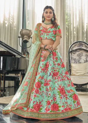 Spectacular Mint Green Art Silk Floral Printed Lehenga Choli