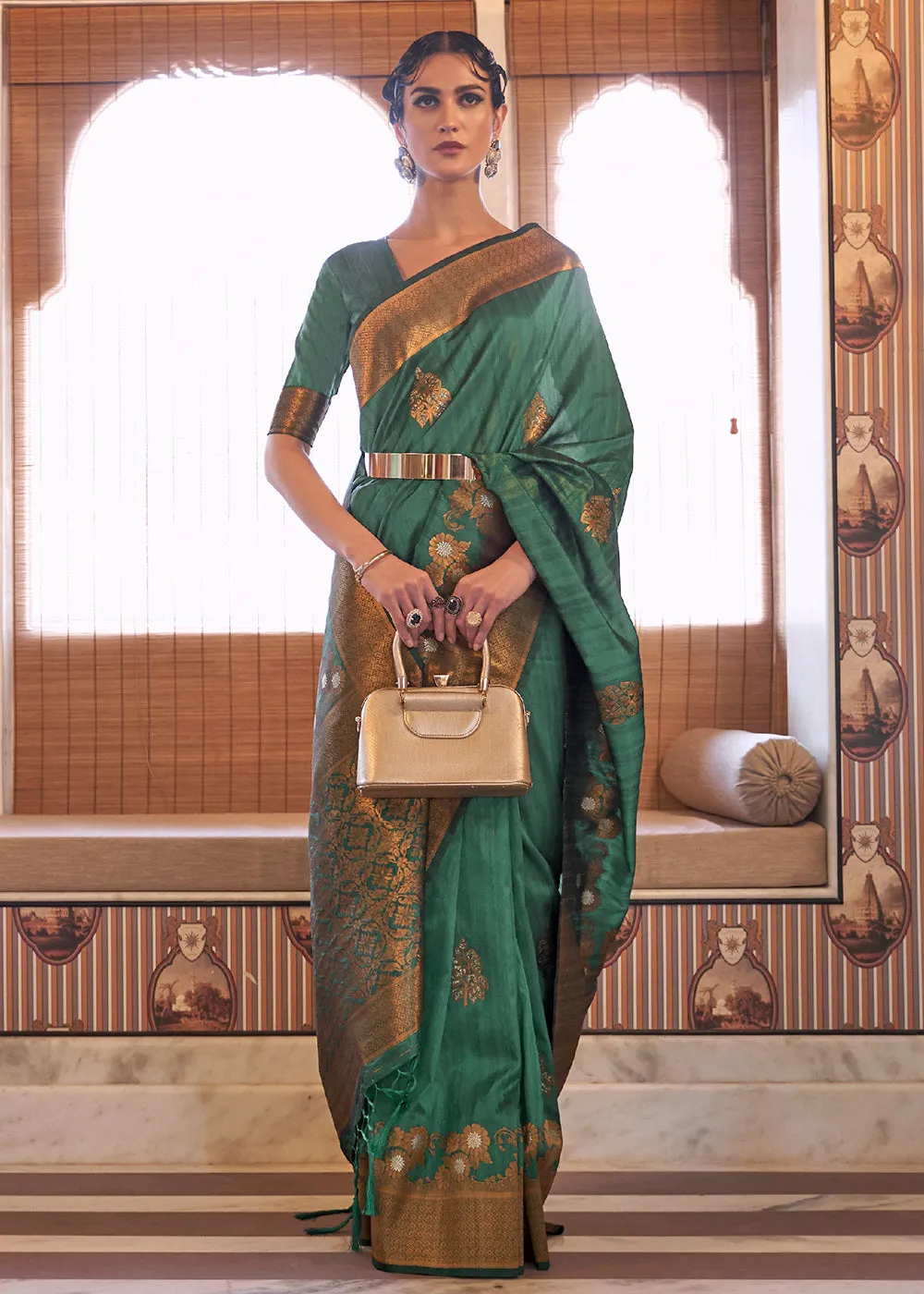 Unique Green Tussar Banarasi Silk Designer Saree