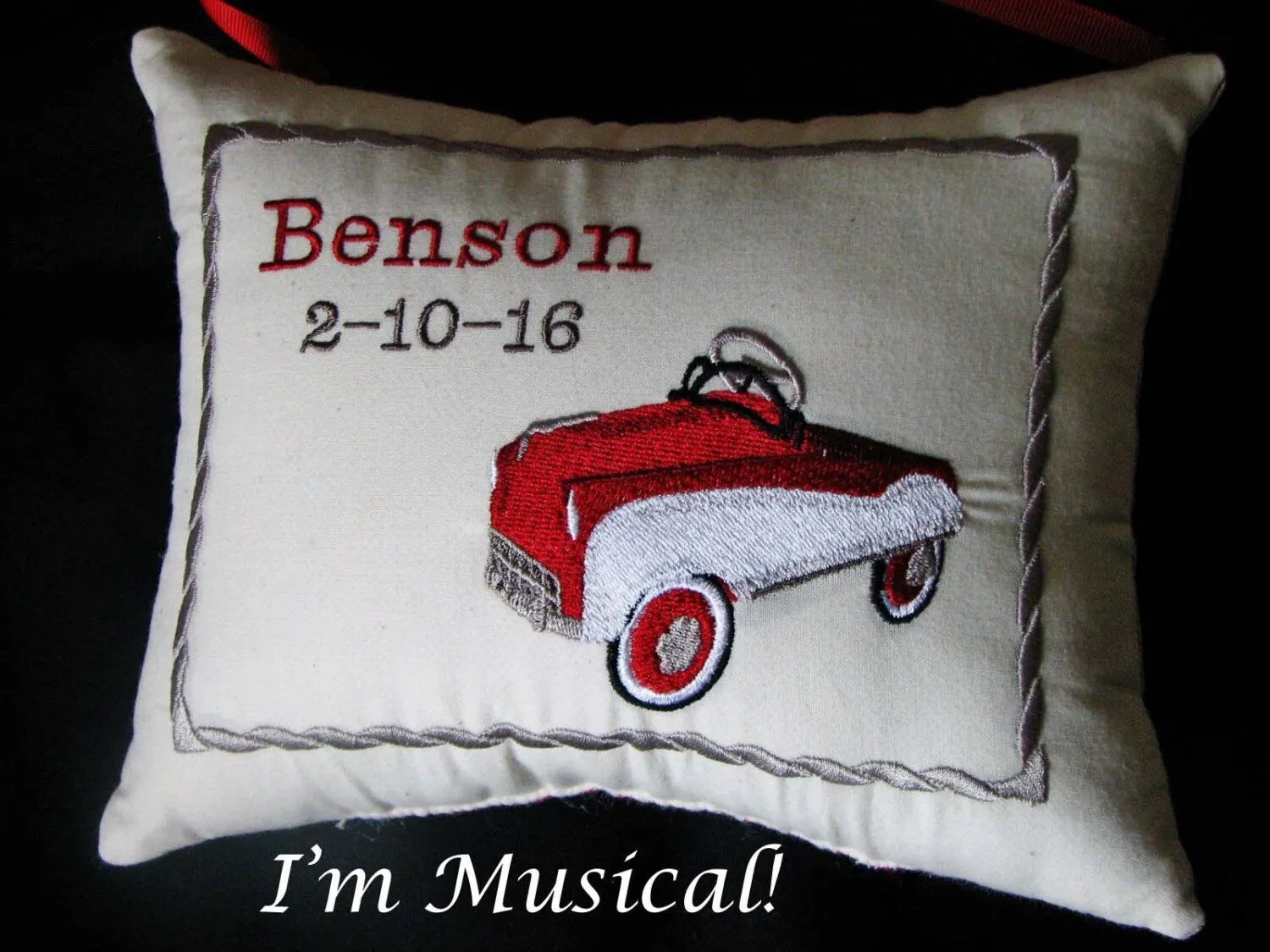 Vintage Pedal Car Music Box Pillow -- Personalized Embroidered MUSICAL Baby Keepsake