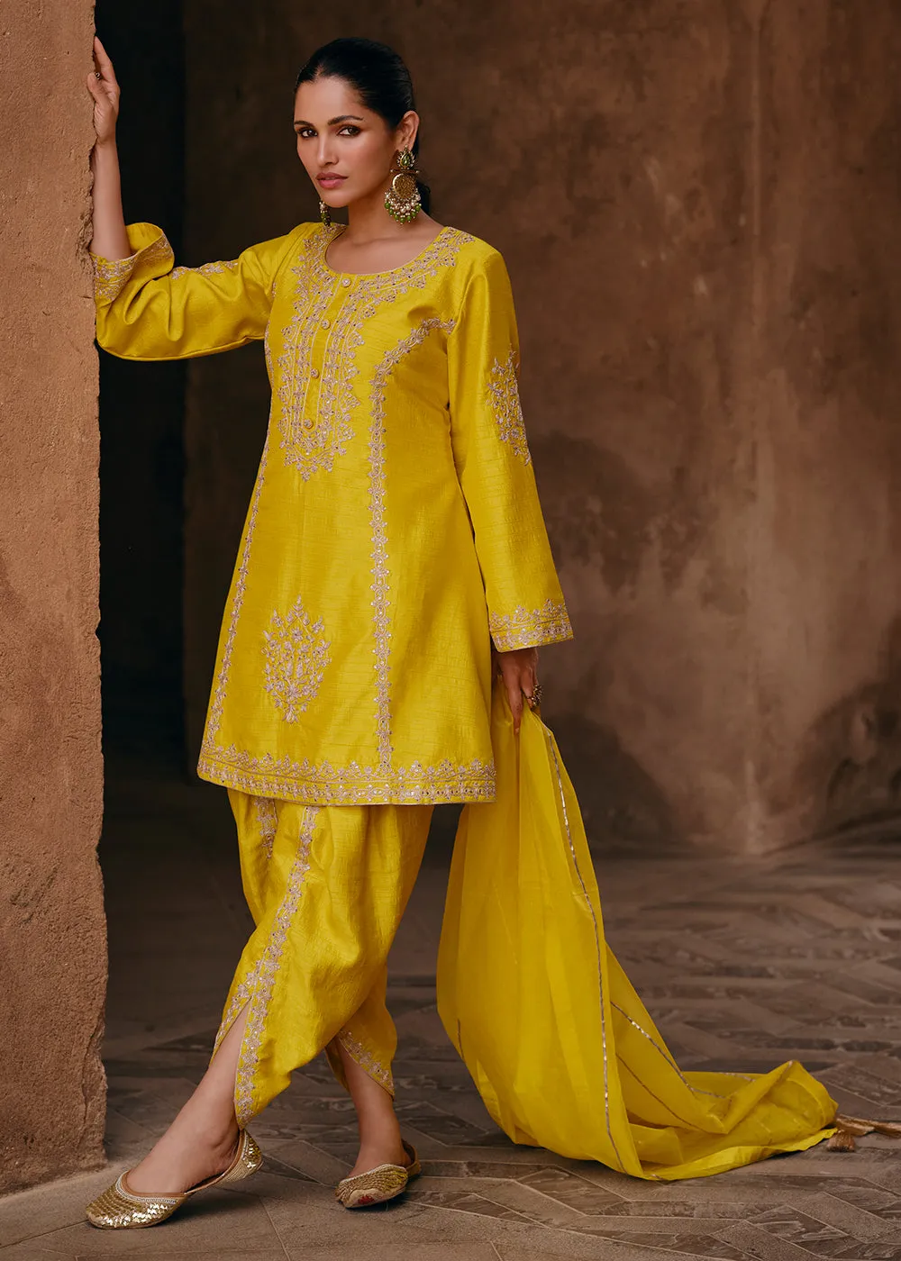 Yellow Dhoti Style Embroidered Silk Festive Salwar Suit