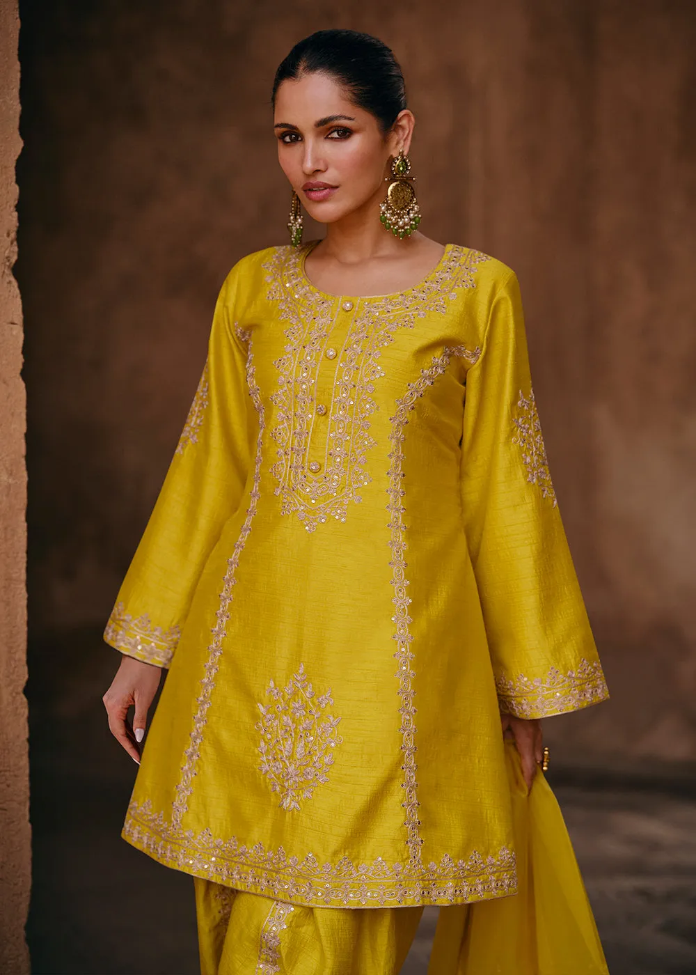 Yellow Dhoti Style Embroidered Silk Festive Salwar Suit