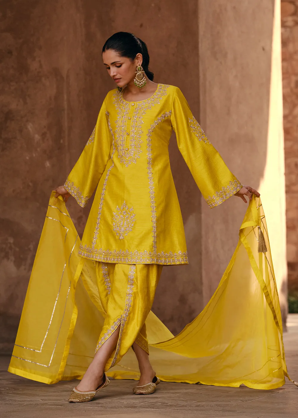 Yellow Dhoti Style Embroidered Silk Festive Salwar Suit